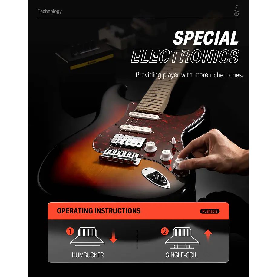 Donner DST-152 Kit Guitarra Eléctrica Stratocaster HSS con Coil Split y Amplificador Sunburst EC1415 5