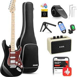 Donner DST-152 Kit Guitarra Eléctrica Stratocaster HSS con Coil Split y Amplificador Negra EC1416