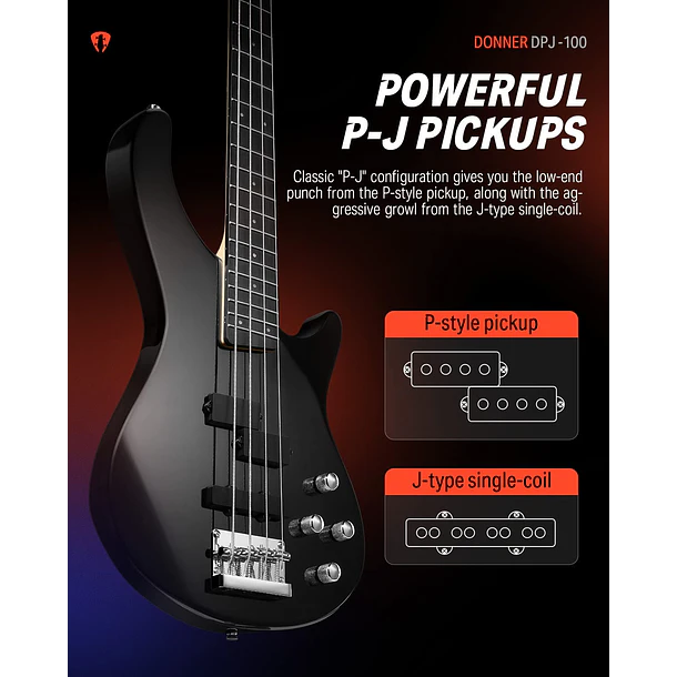 Donner DPJ-100 Bajo Eléctrico PJ 4 Cuerdas con Preamp Activo de 4 Bandas Negro EC1386 2