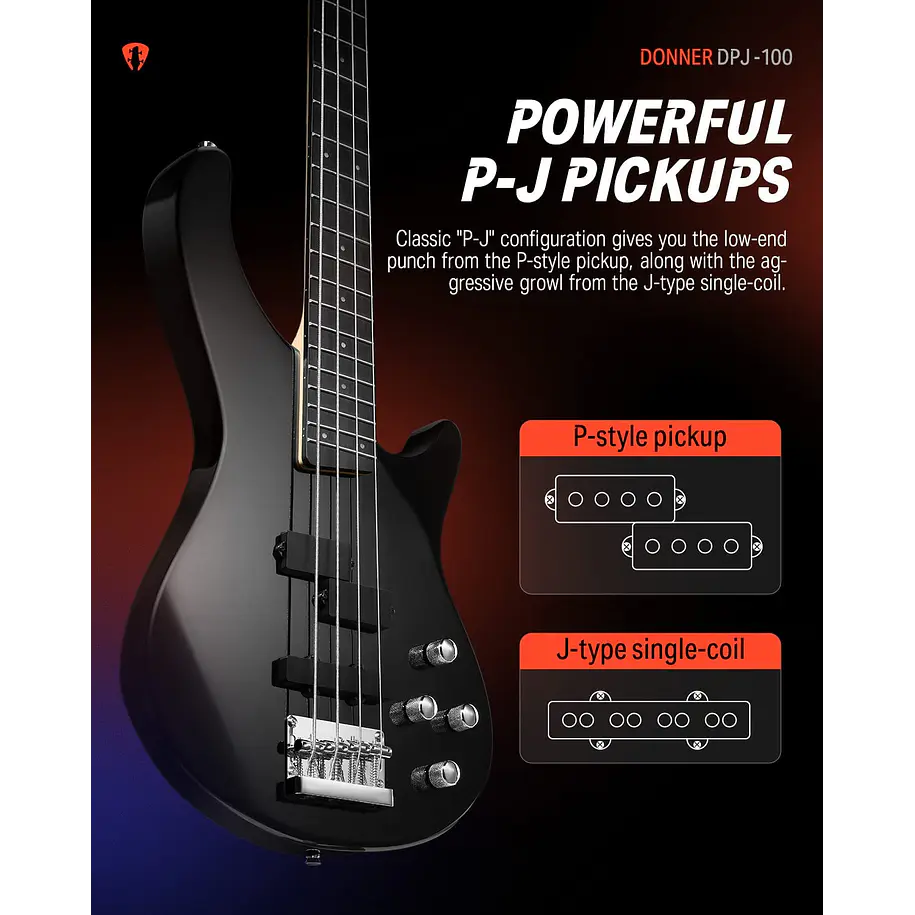 Donner DPJ-100 Bajo Eléctrico PJ 4 Cuerdas con Preamp Activo de 4 Bandas Negro EC1386 2