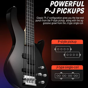 Donner DPJ-100 Bajo Eléctrico PJ 4 Cuerdas con Preamp Activo de 4 Bandas Negro EC1386