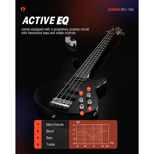 Donner DPJ-100 Bajo Eléctrico PJ 4 Cuerdas con Preamp Activo de 4 Bandas Negro EC1386 3
