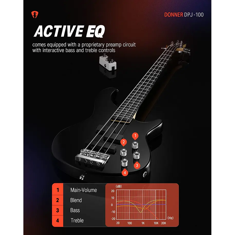 Donner DPJ-100 Bajo Eléctrico PJ 4 Cuerdas con Preamp Activo de 4 Bandas Negro EC1386 3