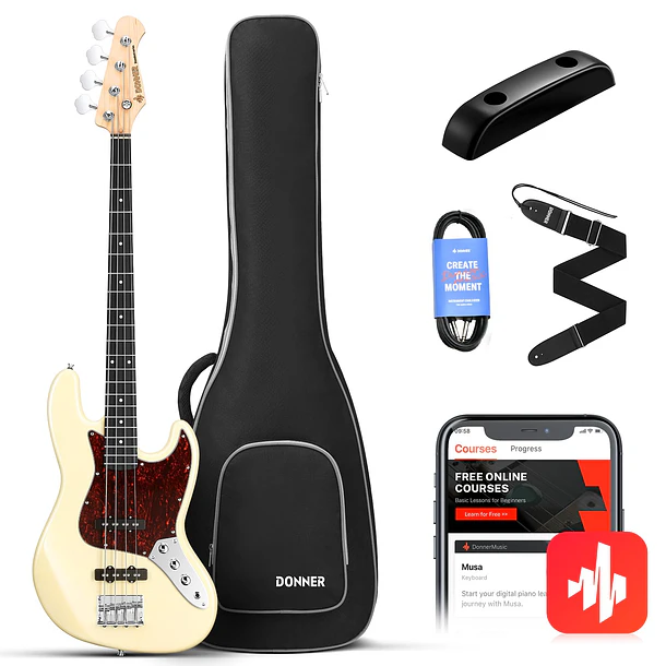 Donner DJB-510 Bajo Eléctrico Jazz Bass 4 Cuerdas Tamaño Completo con Funda Blanco EC1389 1