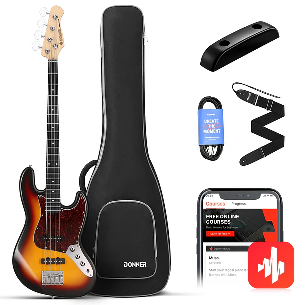 Donner DJB-510S Bajo Eléctrico Jazz Bass 4 Cuerdas Tamaño Completo con Funda Sunburst EC1388 1