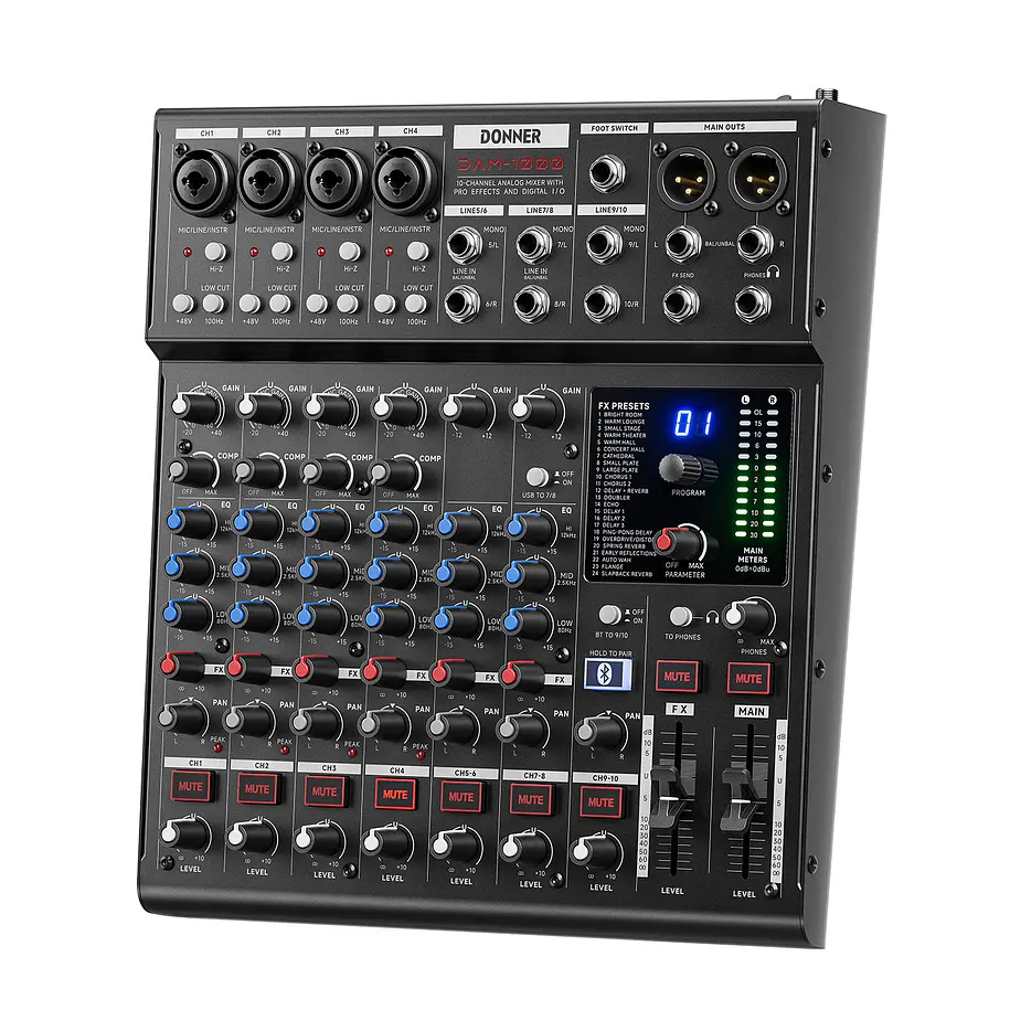 Donner DAM1000 Mezclador de Audio 10 Canales con Bluetooth 5.3 Compresor por Canal e Interfaz USB EC7680 4