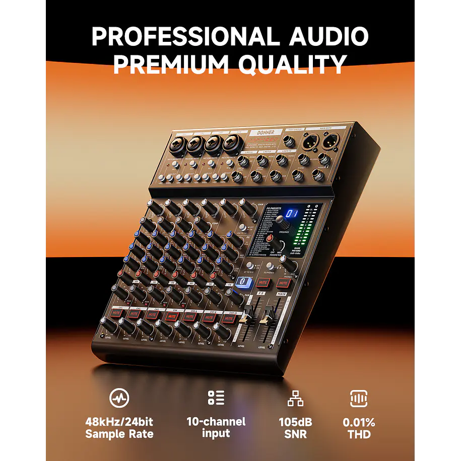 Donner DAM1000 Mezclador de Audio 10 Canales con Bluetooth 5.3 Compresor por Canal e Interfaz USB EC7680 6