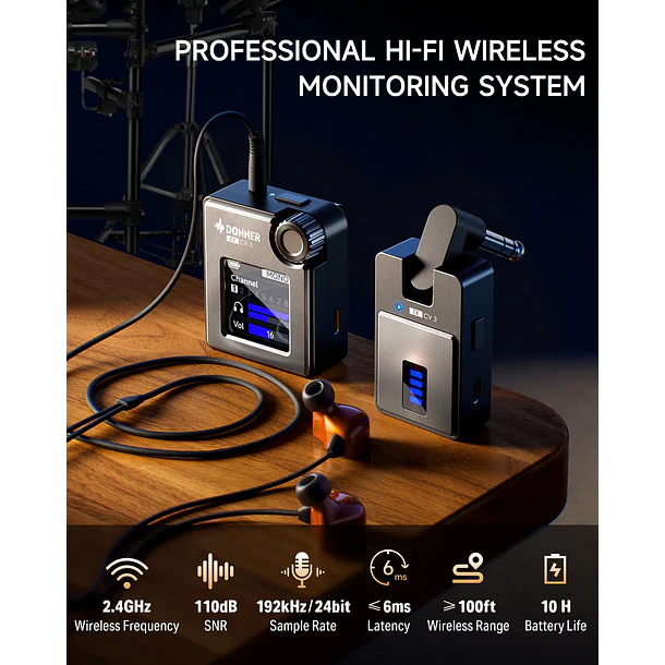 Donner CV-3 Sistema de Monitoreo In-Ear Inalámbrico 2.4 GHz con Latencia Ultrabaja EC7154 2