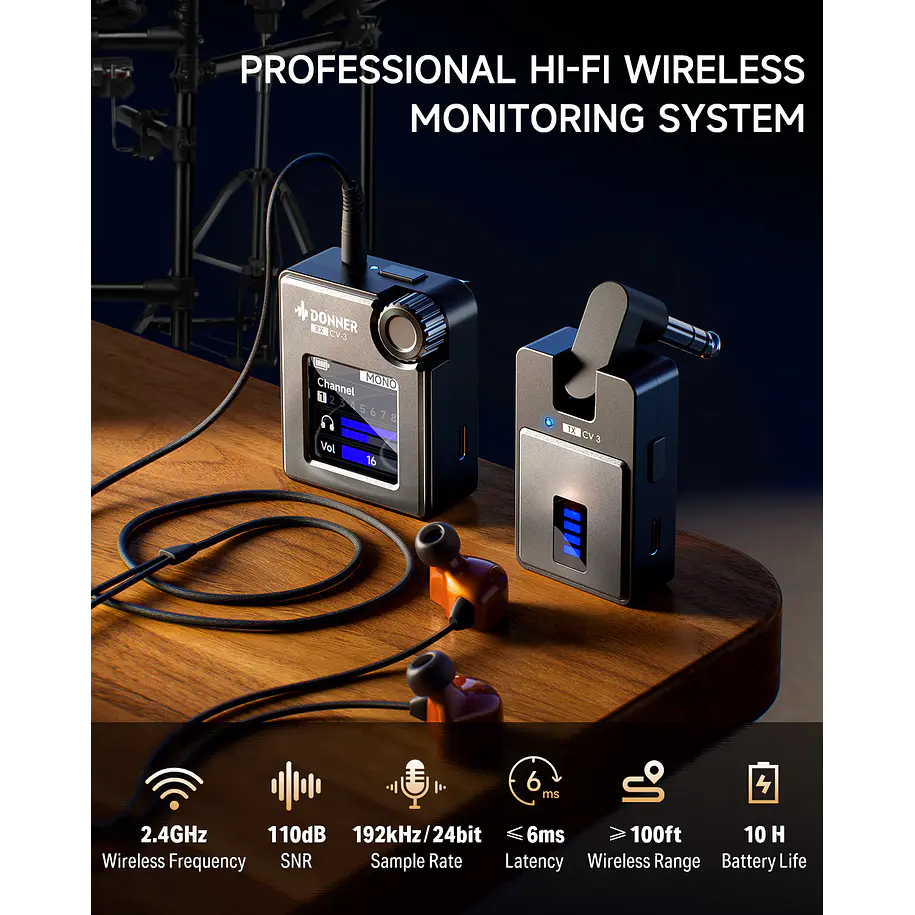 Donner CV-3 Sistema de Monitoreo In-Ear Inalámbrico 2.4 GHz con Latencia Ultrabaja EC7154 2