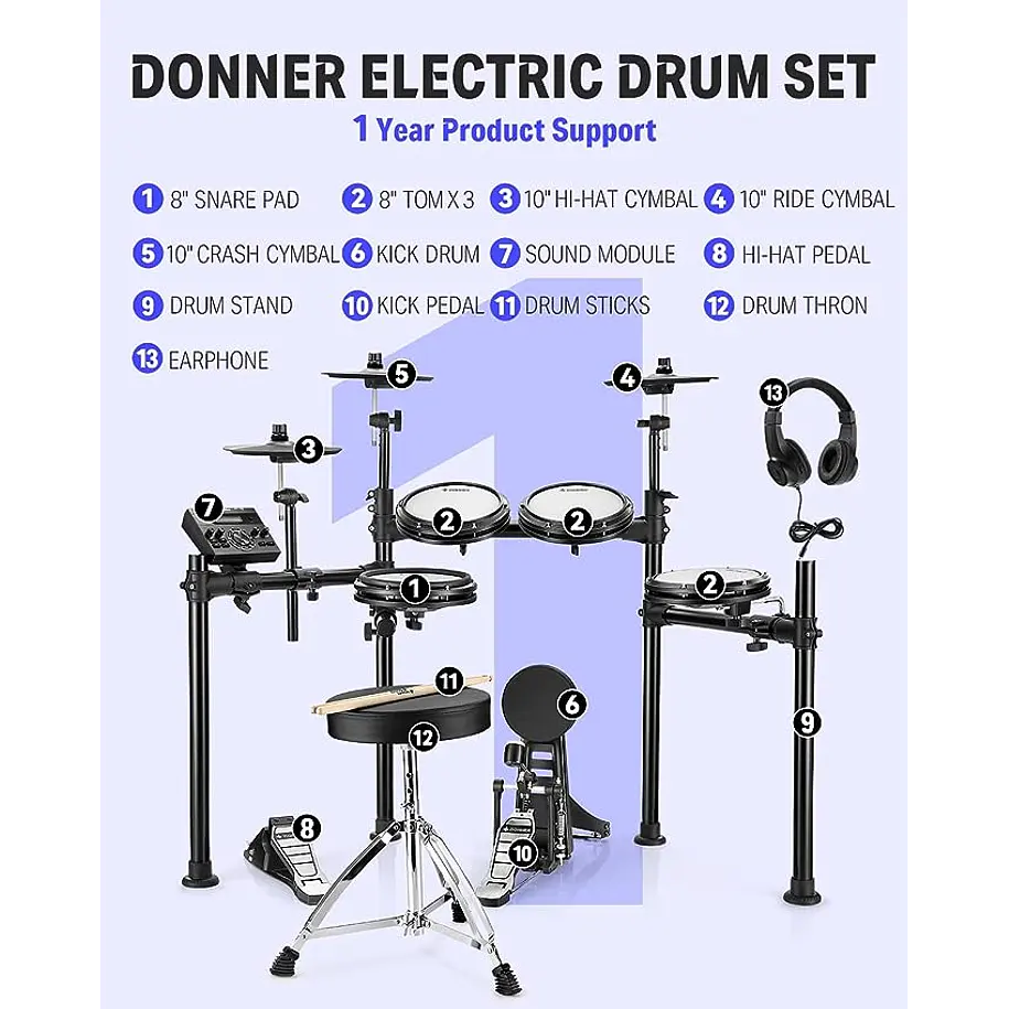Donner DED-200 Batería Electrónica 5 Tambores de Malla y 3 Platillos con Sillín y Audífonos EC3131 2