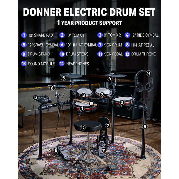 Donner DED-200 MAX Batería Electrónica 5 Tambores y 3 Platillos de 12 Pulgadas con Sillín y Audífonos EC6781 2