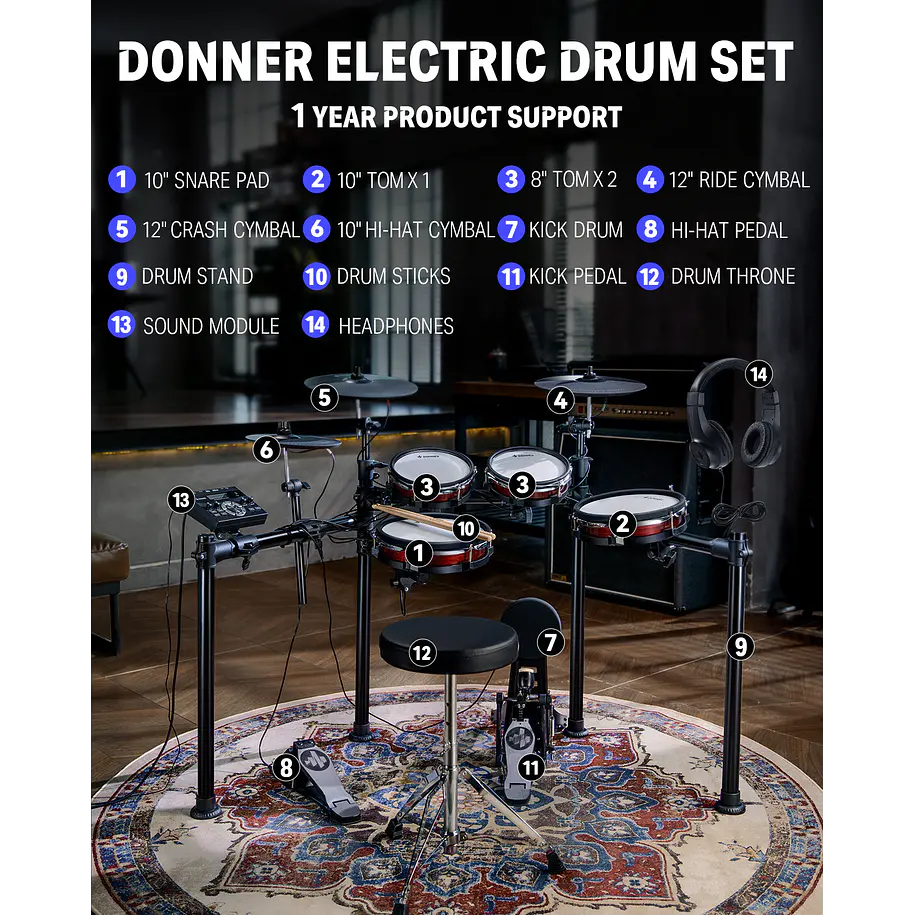 Donner DED-200 MAX Batería Electrónica 5 Tambores y 3 Platillos de 12 Pulgadas con Sillín y Audífonos EC6781 2