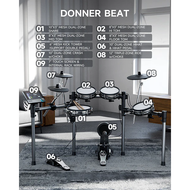 Donner BEAT Batería Electrónica de Malla con Ride Triple Zona y Módulo con Pantalla Táctil EC6983 4