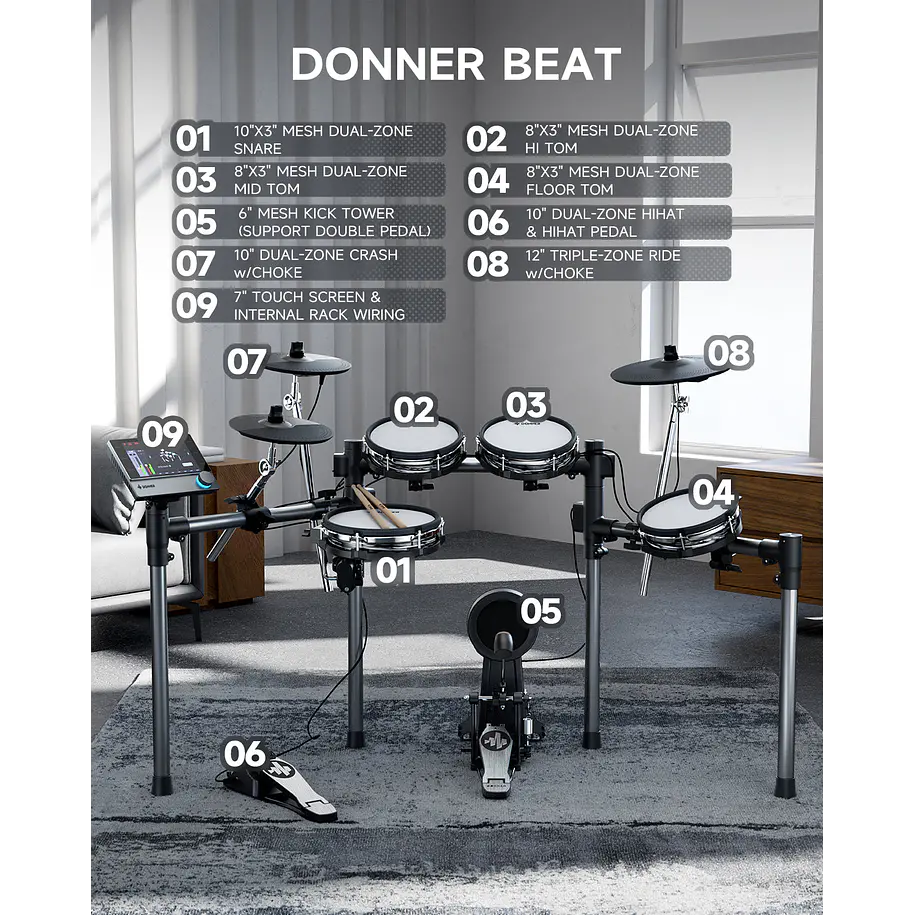 Donner BEAT Batería Electrónica de Malla con Ride Triple Zona y Módulo con Pantalla Táctil EC6983 4