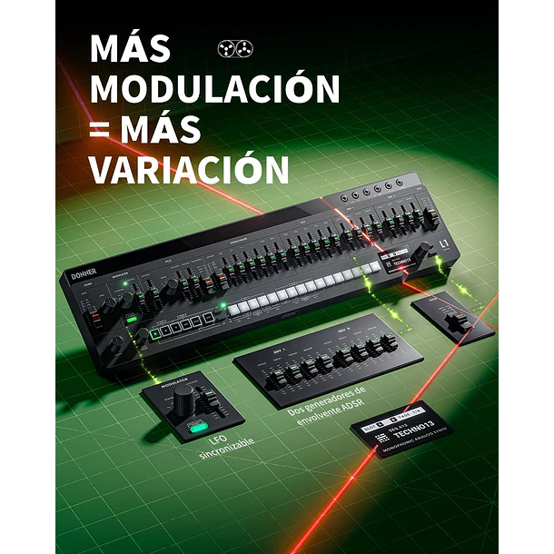 Donner ESSENTIAL L1 Sintetizador Analógico Monofónico con Secuenciador de 64 Pasos y CV/GATE EC7075 4