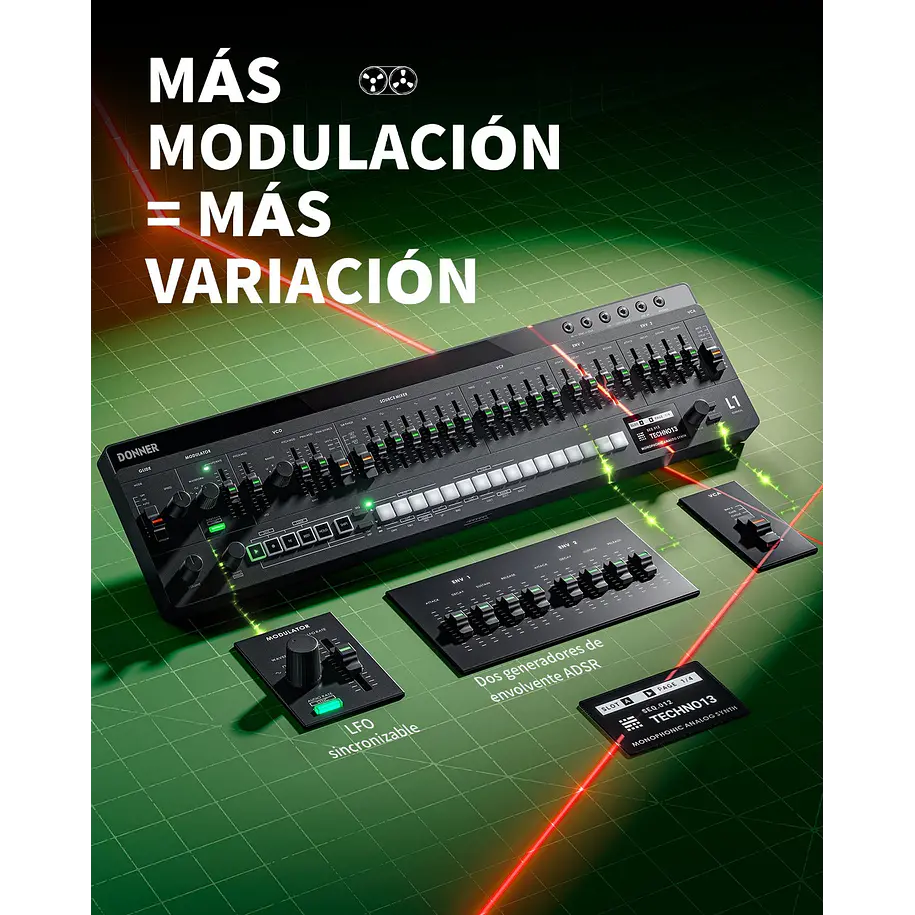 Donner ESSENTIAL L1 Sintetizador Analógico Monofónico con Secuenciador de 64 Pasos y CV/GATE EC7075 4