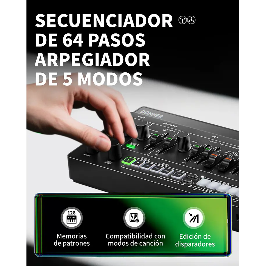 Donner ESSENTIAL L1 Sintetizador Analógico Monofónico con Secuenciador de 64 Pasos y CV/GATE EC7075 5