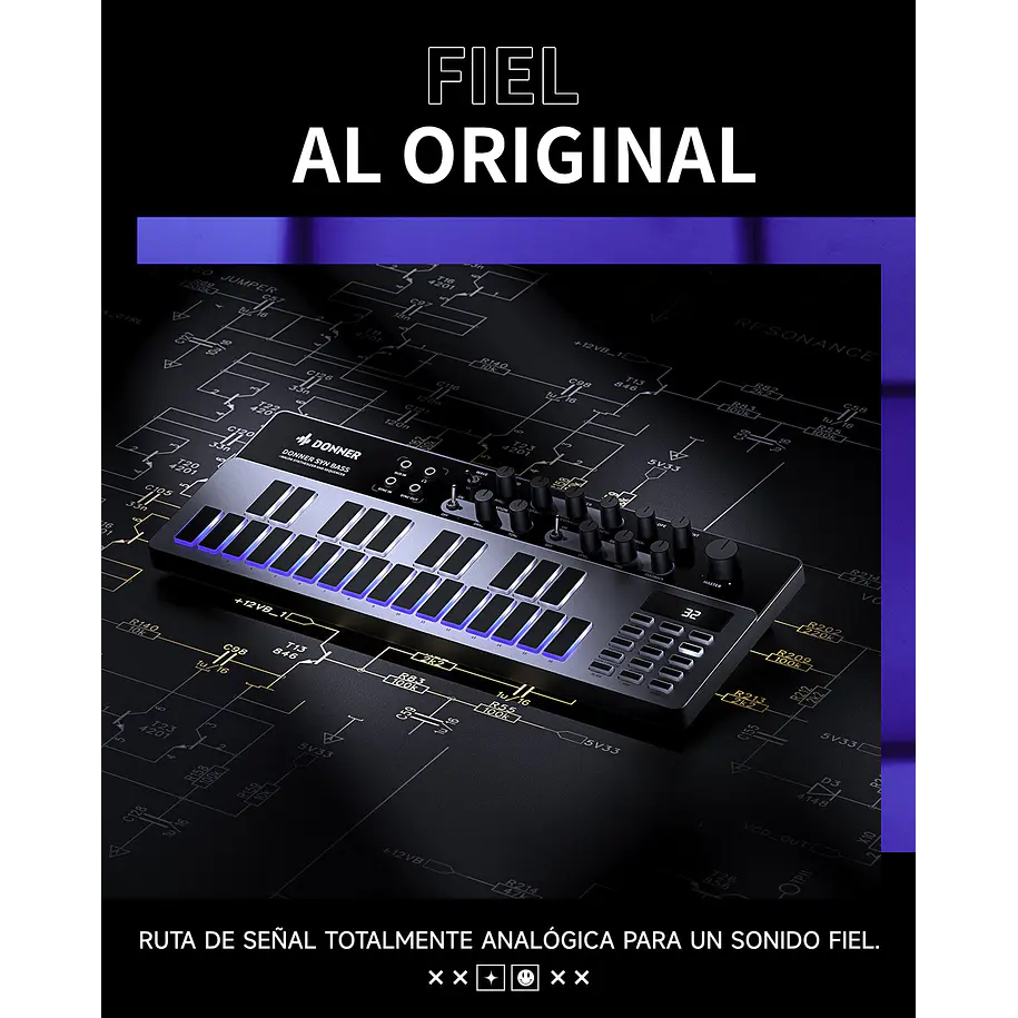 Donner ESSENTIAL B1 Sintetizador de Bajo Analógico con Secuenciador y Efectos Saturación y Delay EC6693 6