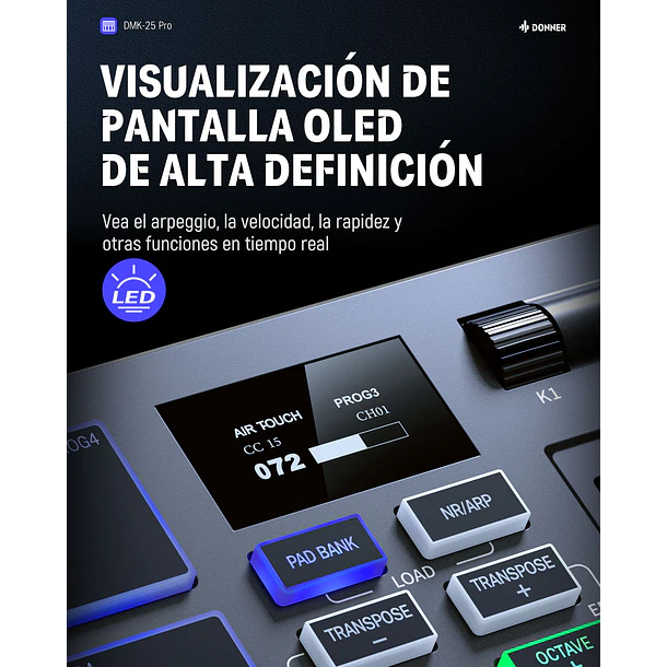 Donner DMK-25 PRO Controlador MIDI 25 Mini Teclas con 8 Pads Pantalla OLED y Barra Táctil EC3360 4