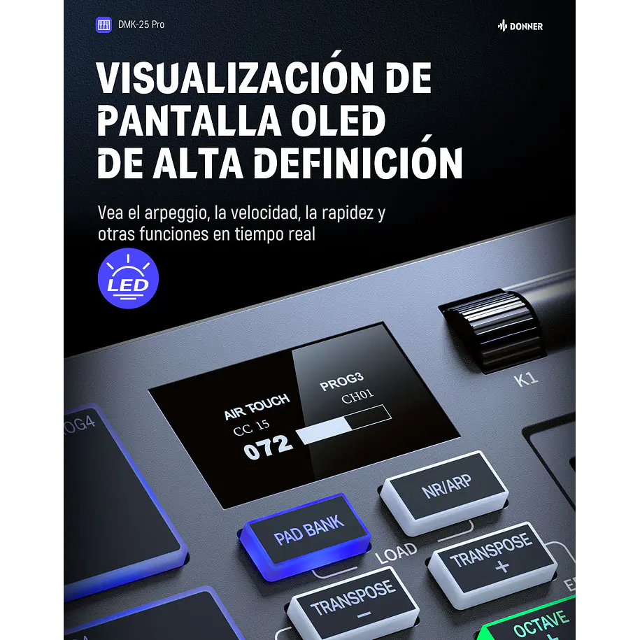 Donner DMK-25 PRO Controlador MIDI 25 Mini Teclas con 8 Pads Pantalla OLED y Barra Táctil EC3360 4