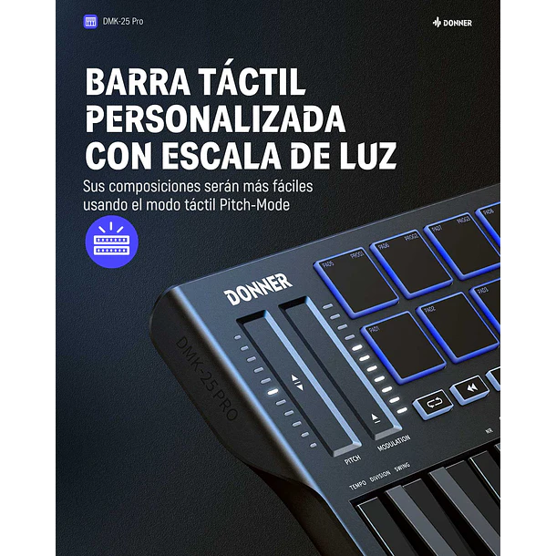 Donner DMK-25 PRO Controlador MIDI 25 Mini Teclas con 8 Pads Pantalla OLED y Barra Táctil EC3360 5