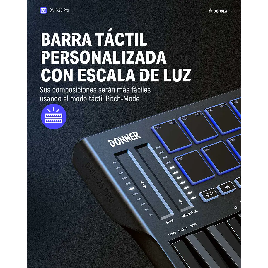 Donner DMK-25 PRO Controlador MIDI 25 Mini Teclas con 8 Pads Pantalla OLED y Barra Táctil EC3360 5