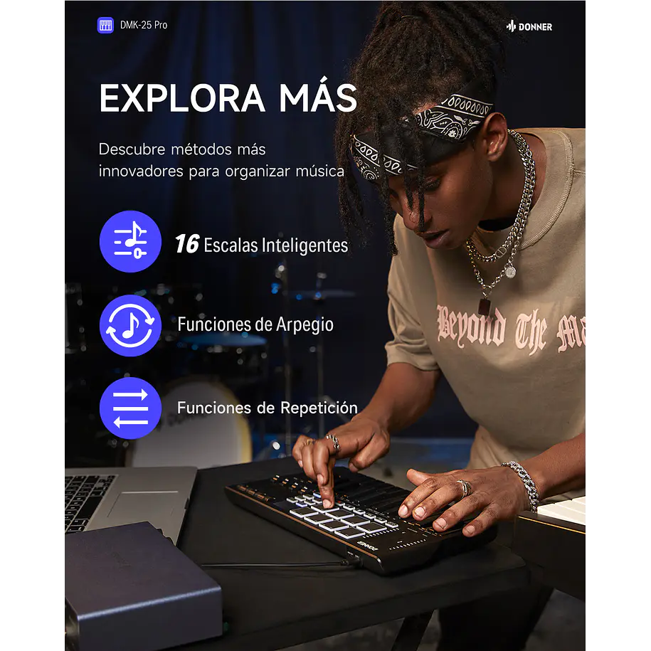 Donner DMK-25 PRO Controlador MIDI 25 Mini Teclas con 8 Pads Pantalla OLED y Barra Táctil EC3360 9