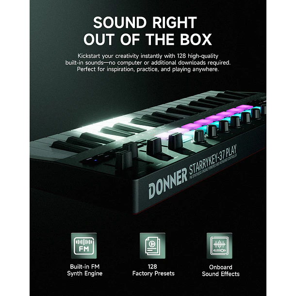 Donner STARRYKEY-37 PLAY Controlador MIDI 37 Teclas con 128 Sonidos FM 16 Pads y Conexión Inalámbrica EC7177 6