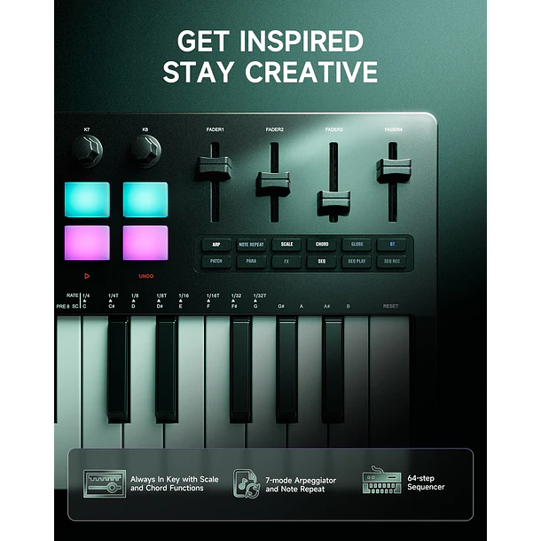 Donner STARRYKEY-37 PLAY Controlador MIDI 37 Teclas con 128 Sonidos FM 16 Pads y Conexión Inalámbrica EC7177 9