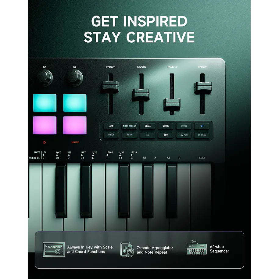 Donner STARRYKEY-37 PLAY Controlador MIDI 37 Teclas con 128 Sonidos FM 16 Pads y Conexión Inalámbrica EC7177 9