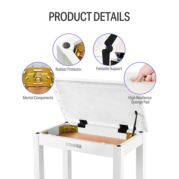 Donner DKB-10 Banco para Piano de Madera Maciza con Almacenamiento Blanco EC6612 6