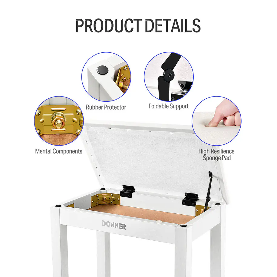 Donner DKB-10 Banco para Piano de Madera Maciza con Almacenamiento Blanco EC6612 6