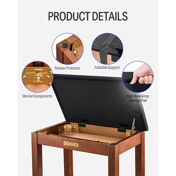Donner DKB-10 Banco para Piano de Madera Maciza con Almacenamiento Marrón EC6634 5