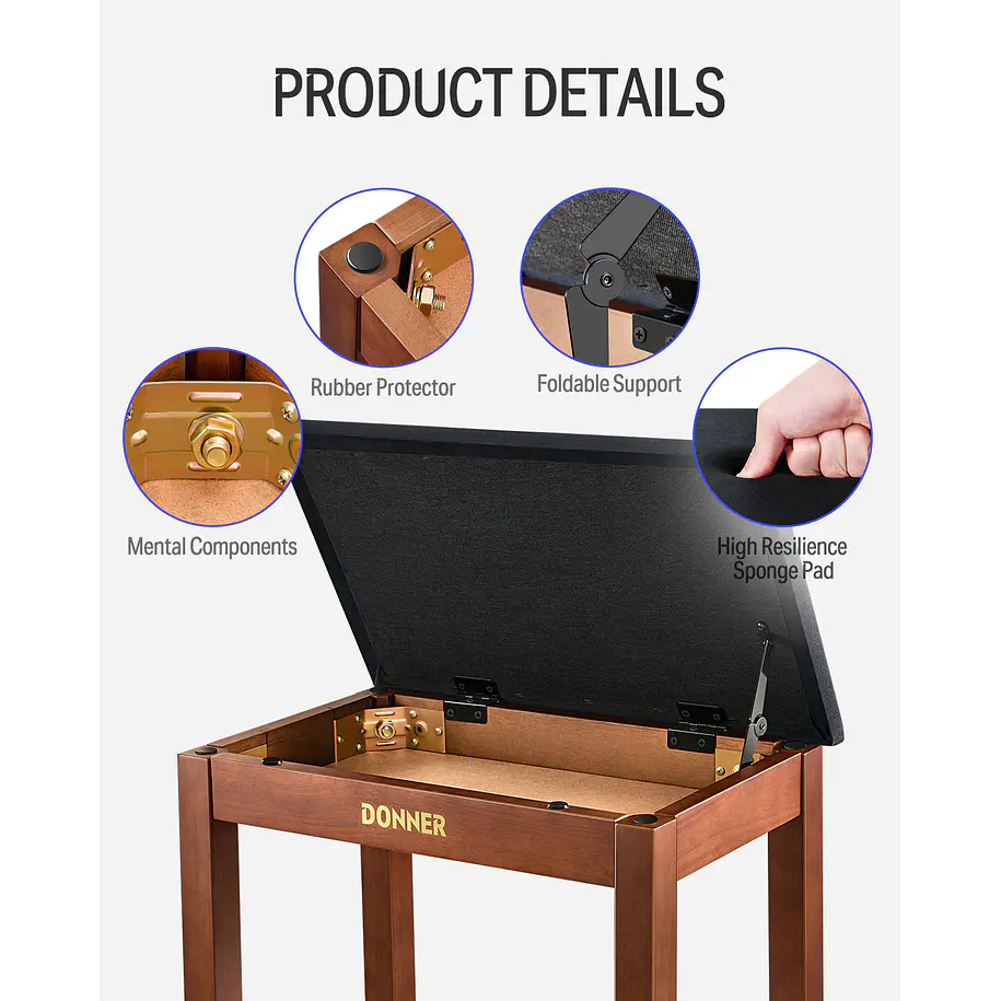 Donner DKB-10 Banco para Piano de Madera Maciza con Almacenamiento Marrón EC6634 5