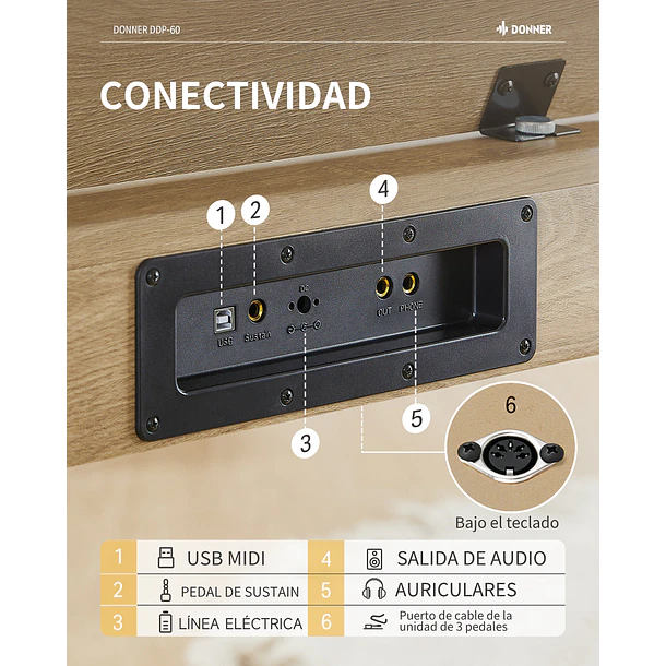 Donner DDP-60 Piano Digital Vertical 88 Teclas Semipesadas con 3 Pedales Natural EC6680 5