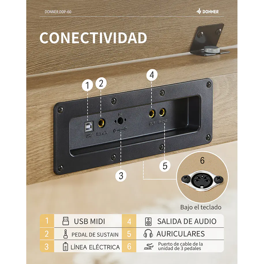 Donner DDP-60 Piano Digital Vertical 88 Teclas Semipesadas con 3 Pedales Natural EC6680 5
