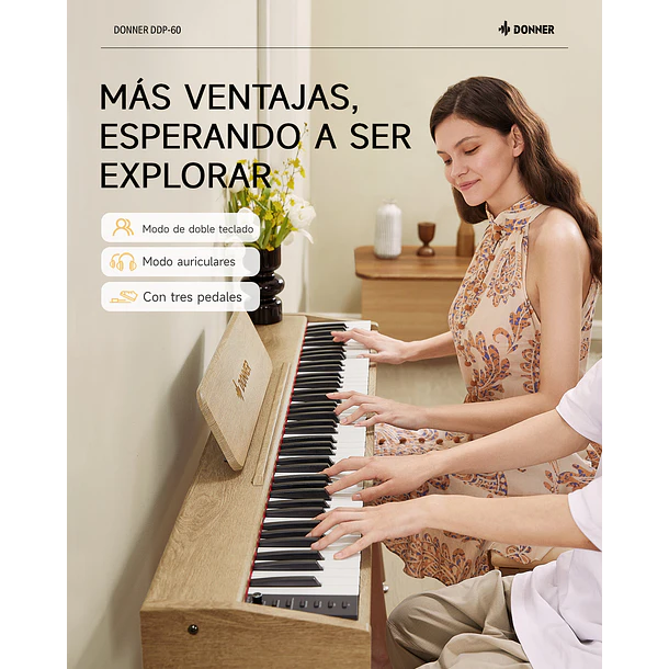 Donner DDP-60 Piano Digital Vertical 88 Teclas Semipesadas con 3 Pedales Natural EC6680 7