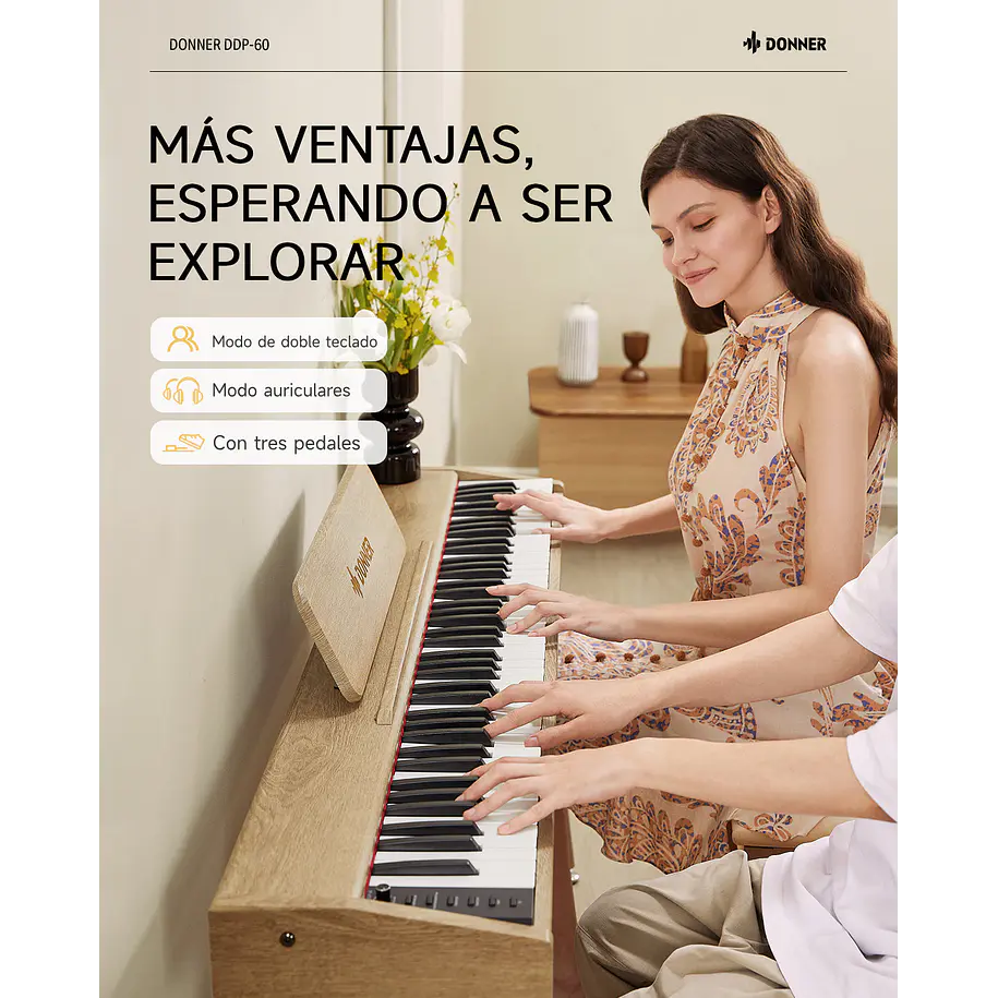 Donner DDP-60 Piano Digital Vertical 88 Teclas Semipesadas con 3 Pedales Natural EC6680 7