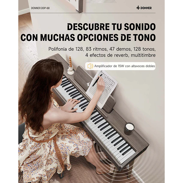 Donner DDP-60 Piano Digital Vertical 88 Teclas Semipesadas con 3 Pedales Gris Clásico EC6787 5