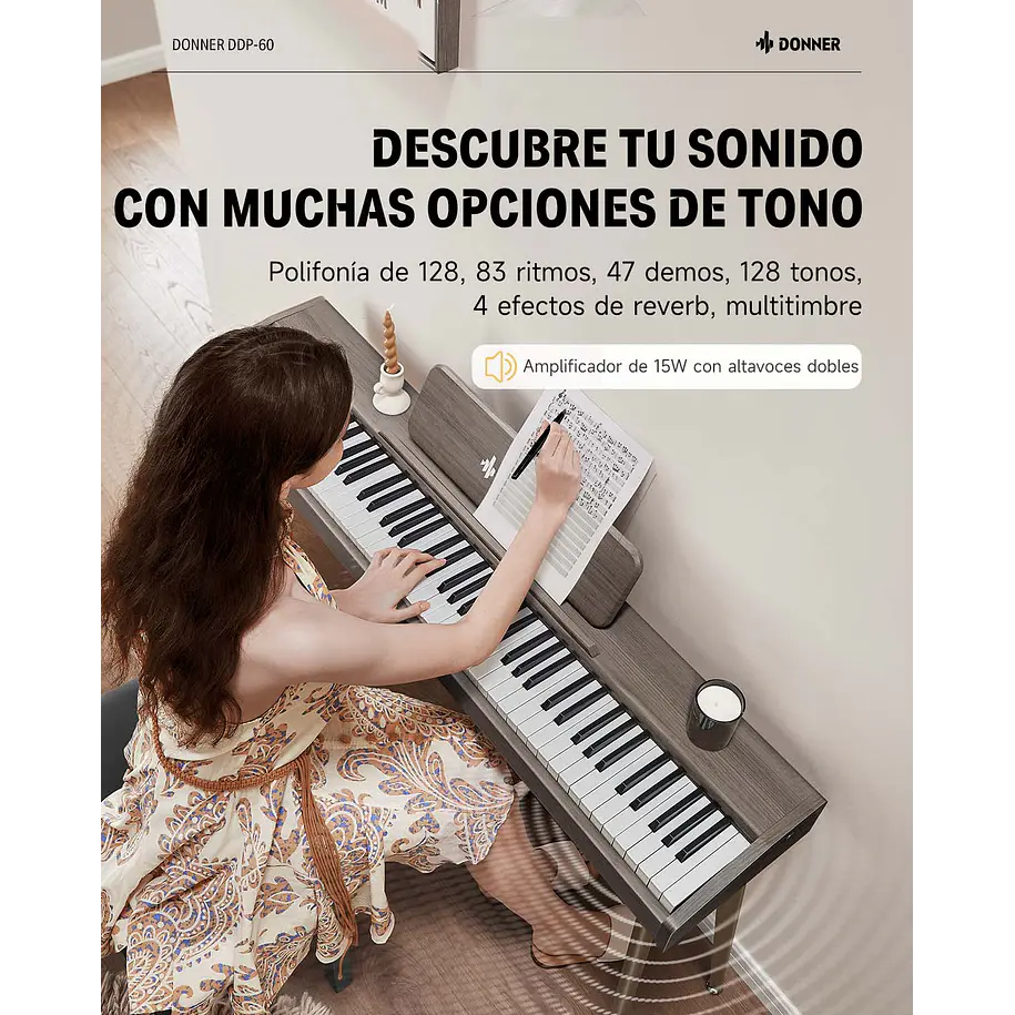 Donner DDP-60 Piano Digital Vertical 88 Teclas Semipesadas con 3 Pedales Gris Clásico EC6787 5