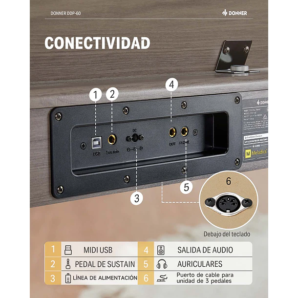 Donner DDP-60 Piano Digital Vertical 88 Teclas Semipesadas con 3 Pedales Gris Clásico EC6787 6