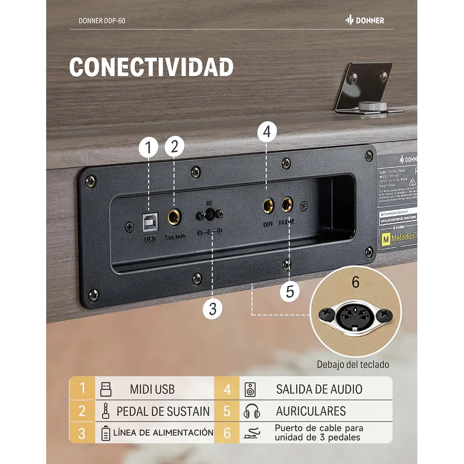 Donner DDP-60 Piano Digital Vertical 88 Teclas Semipesadas con 3 Pedales Gris Clásico EC6787 6