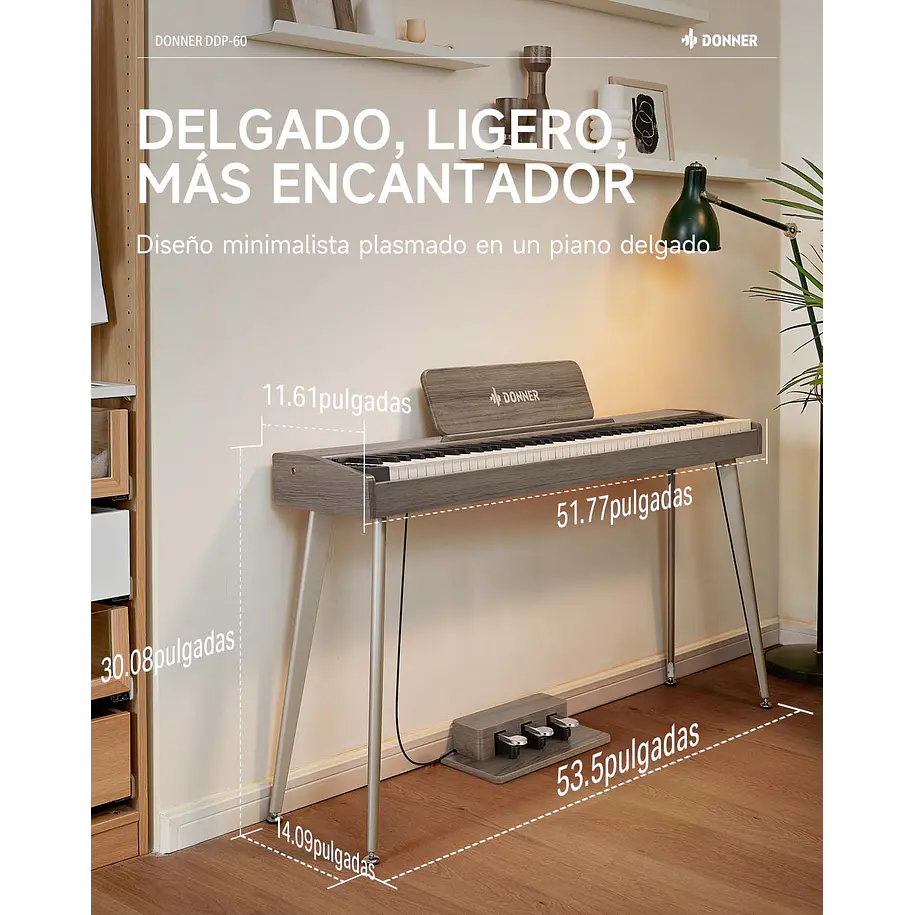 Donner DDP-60 Piano Digital Vertical 88 Teclas Semipesadas con 3 Pedales Gris Clásico EC6787 7
