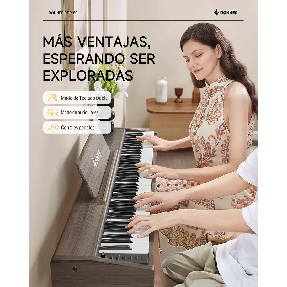Donner DDP-60 Piano Digital Vertical 88 Teclas Semipesadas con 3 Pedales Gris Clásico EC6787 8