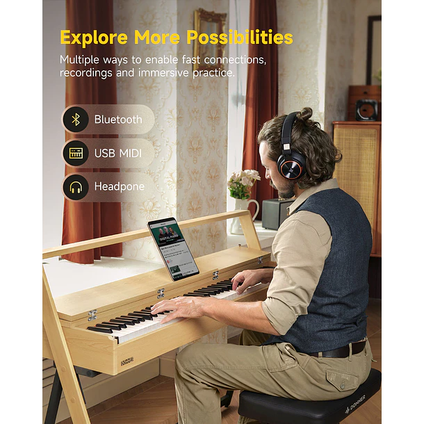 Donner OURA R300 Piano Digital 88 Teclas Acción de Martillo Graduada con Mueble Madera Clara EC7132 13