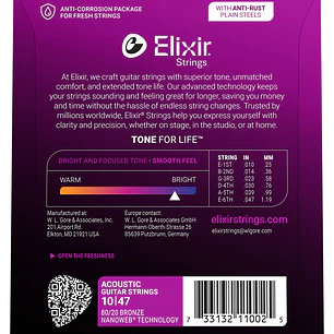 Elixir 11002 Cuerdas Para Guitarra Acústica Bronce 80/20 Nanoweb Extra Light 10-47