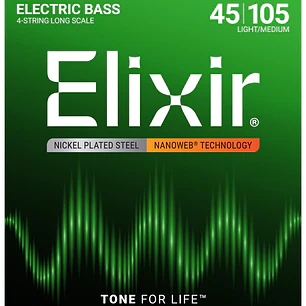 Elixir 14077 Cuerdas Para Bajo de 4 Cuerdas Níquel Nanoweb Light/Medium 45-105