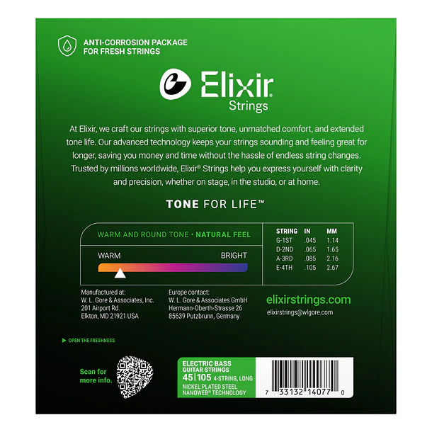 Elixir 14077 Cuerdas Para Bajo de 4 Cuerdas Níquel Nanoweb Light/Medium 45-105 2
