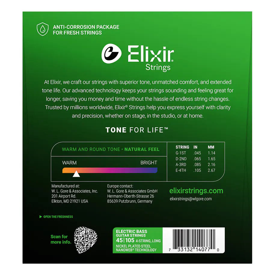Elixir 14077 Cuerdas Para Bajo de 4 Cuerdas Níquel Nanoweb Light/Medium 45-105 2