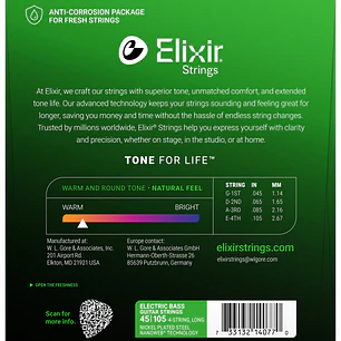 Elixir 14077 Cuerdas Para Bajo de 4 Cuerdas Níquel Nanoweb Light/Medium 45-105